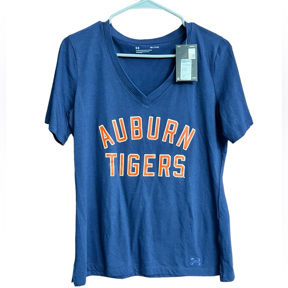 Auburn Tigers Under Armour NWT Shirt Top Short Sleeve V Neck Blue‎ Size Medium